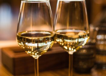 Copa de vino tinto con viñedo español de fondo
