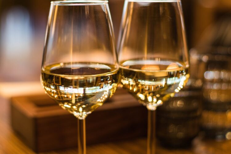Copa de vino tinto con viñedo español de fondo